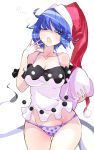  1girl bare_shoulders blue_eyes blue_hair breasts cleavage doremy_sweet groin hat highres large_breasts lingerie messy_hair nightcap nightgown no_nose no_pants panties pointy_ears polka_dot polka_dot_panties pom_pom_(clothes) raptor7 simple_background sleepy touhou underwear wide_hips yawning 