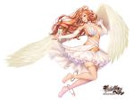  1girl angel angel_wings armpits bangs bare_shoulders barefoot breasts commentary_request detached_sleeves dress feathered_wings full_body gang_of_heaven halo large_breasts logo long_hair looking_away masami_chie official_art orange_hair parted_lips sidelocks simple_background solo thigh_strap violet_eyes white_background white_wings wings 