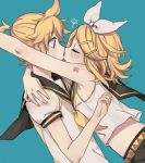  1boy 1girl arm_around_neck arm_tattoo bare_shoulders blonde_hair blue_eyes blush bow brother_and_sister closed_eyes crop_top elbow formalin glomp hair_bow hair_ornament hairclip hand_on_another&#039;s_shoulder hug imminent_hug imminent_kiss incest kagamine_len kagamine_rin leaning_forward midriff nail_polish number_tattoo open_eyes profile sailor_collar short_hair short_ponytail shorts siblings surprised tattoo twincest twins upper_body vocaloid yellow_nails yellow_neckwear 