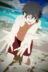  1boy bangs beach black_hair blue_eyes blue_sky bracelet bubble clouds cloudy_sky commentary_request darling_in_the_franxx day hiro_(darling_in_the_franxx) jewelry male_focus male_swimwear ocean one-saka-san one_eye_closed open_mouth partially_submerged shirtless short_hair sky solo swim_trunks swimwear water 