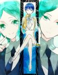  androgynous bangs blue_eyes blue_hair blunt_bangs colored_eyelashes expressionless gem_uniform_(houseki_no_kuni) golden_arms green_eyes green_hair houseki_no_kuni legs_crossed looking_at_viewer multiple_persona necktie one_eye_closed phosphophyllite phosphophyllite_(ll) see-through short_hair shumiko_(kamenokoueki) sitting smile spoilers upper_body 