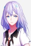  1girl artist_name beatless blue_eyes breasts cleavage collarbone grey_background hair_between_eyes highres hirein leicia long_hair looking_away parted_lips shirt short_sleeves silver_hair simple_background small_breasts solo upper_body white_shirt 