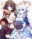  2girls :o animal black_gloves black_shorts blue_eyes blue_ribbon blush brown_hair cape commentary_request dog dog_request dress eyepatch feathered_wings floral_print flower frilled_dress frills fur-trimmed_cape fur_trim gloves hair_between_eyes hair_flower hair_ornament hijiri_(resetter) holding holding_animal long_hair long_sleeves looking_at_viewer multiple_girls navel navel_cutout original paw_print print_cape ribbon short_sleeves shorts smile trench_coat white_hair white_wings wings wrist_cuffs 