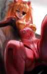  1girl bangs blue_eyes bodysuit commentary_request eyepatch foreshortening headgear highres long_hair looking_at_viewer neon_genesis_evangelion one_eye_covered orange_hair parted_lips pilot_suit plugsuit red_bodysuit sitting solo souryuu_asuka_langley two_side_up yang-do 