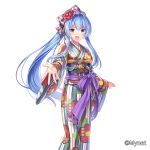  1girl :d blue_eyes blue_hair blush bow cao_(sanguko_infinity) flower hair_bow hair_flower hair_ornament highres japanese_clothes kimono long_hair looking_at_viewer official_art open_mouth otosume_ruiko outstretched_hand sangoku_infinity simple_background smile solo standing very_long_hair watermark wide_sleeves 