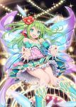  1girl :d akkijin aqua_eyes bare_shoulders boots card_(medium) carnival dress fairy fairy_wings flower green_hair hair_flower hair_ornament multicolored multicolored_clothes official_art open_mouth pixie_servant_(shinkai_no_valkyrie) pointy_ears shinkai_no_valkyrie smile solo wings 
