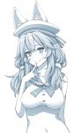  1girl :3 akino_sora animal_ears blush breasts closed_mouth commentary_request ears_through_headwear fate/grand_order fate_(series) finger_to_mouth fox_ears greyscale hand_up hat highres index_finger_raised large_breasts long_hair looking_at_viewer monochrome navel sailor_collar sailor_hat simple_background smile solo tamamo_(fate)_(all) tamamo_no_mae_(fate) upper_body white_background 