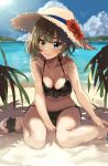  1girl bangs bare_shoulders beach bikini black_bikini blue_eyes blush breasts brown_hair cleavage collarbone earrings eyebrows_visible_through_hair flower green_eyes hat hat_flower heterochromia highres hips idolmaster idolmaster_cinderella_girls jewelry kurokin looking_at_viewer medium_breasts mole mole_under_eye navel ocean palm_tree sand sandals short_hair sitting smile solo sun_hat sunlight swimsuit takagaki_kaede thighs tree waist wariza 