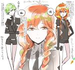  2others androgynous braid colored_eyelashes elbow_gloves gem_uniform_(houseki_no_kuni) gloves green_eyes green_hair hammer houseki_no_kuni long_hair looking_at_viewer multicolored_hair multiple_braids necktie orange_eyes orange_hair peridot_(houseki_no_kuni) short_hair shumiko_(kamenokoueki) smile sphene_(houseki_no_kuni) translation_request 