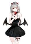  1girl apple bare_shoulders black_dress black_wings breasts cleavage closed_mouth dress earrings eyebrows_visible_through_hair food fruit head_tilt holding horns jewelry large_breasts low_wings naru_(ul) original red_eyes short_dress silver_hair standing thigh_strap wings 