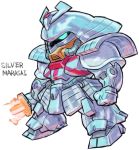  aburaya_tonbi aqua_eyes armor character_name chibi full_body fusion gundam helmet japanese_armor kabuto katana marasai marvel mechanization one-eyed samurai silver_samurai simple_background solo standing sword weapon white_background x-men zeta_gundam 