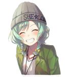  1girl ^_^ aqua_hair bang_dream! beanie blush bow closed_eyes facing_viewer green_jacket grey_hat grin hair_bow hat headwear_writing hikawa_hina jacket jewelry pendant short_hair side_braids simple_background smile solo unapoppo upper_body white_background yellow_bow 