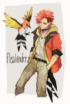  1boy bangle belt bracelet character_name collar earrings eyeliner fletchinder gen_6_pokemon hands_in_pockets highres hood hood_down jacket jewelry makeup male_focus moemon multicolored_hair ngr_(nnn204204) orange_hair orange_jacket pants personification pokemon pokemon_(creature) redhead shirt solo spiked_collar spikes standing stud_earrings two-tone_hair white_shirt yellow_eyes 