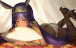  1girl animal_ears ass bangs blush bracelet chains closed_mouth dark_skin detached_collar earrings egyptian egyptian_clothes eyeliner facepaint facial_mark fate/grand_order fate_(series) feet_up hairband hoop_earrings jackal_ears jewelry legs long_hair looking_at_viewer lying makeup nitocris_(fate/grand_order) on_stomach pillow purple_hair sandals sidelocks sion_(9117) solo swimsuit thighs very_long_hair violet_eyes white_swimsuit 