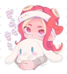  1girl cephalopod_eyes character_doll cinnamoroll cropped_torso headband hello_kitty hello_kitty_(character) holding looking_at_viewer octoling pink_eyes pink_hair sanrio sasimi short_hair signaure simple_background splatoon splatoon_2 sweater white_background 