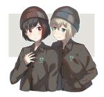  2girls aoba_moka aqua_eyes bang_dream! bangs beanie black_hair black_jacket blue_hat blush bob_cut collared_jacket frown grey_background grey_hair hand_in_pocket hand_on_own_chest hat jacket looking_at_another mitake_ran multicolored_hair multiple_girls outline red_eyes red_hat redhead short_hair smile streaked_hair unapoppo upper_body white_outline 
