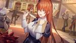  absurdres blurry blurry_background closed_eyes daye_bie_qia_lian eyebrows_visible_through_hair fingerless_gloves gloves highres long_hair multiple_boys multiple_girls open_mouth quill redhead romantic_saga_of_beauty_&amp;_devil sitting solo_focus standing waitress weapon 