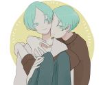 2others aqua_eyes aqua_hair artist_request casual colored_eyelashes contemporary dual_persona green_eyes green_hair houseki_no_kuni hug looking_at_viewer phosphophyllite selfcest short_hair smile