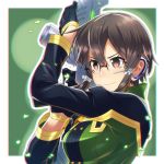  1girl asada_shino black_gloves brown_hair glasses gloves gun hair_ribbon highres holding holding_gun holding_weapon is_ii ribbon rimless_eyewear short_hair_with_long_locks sidelocks smile solo sword_art_online upper_body weapon white_ribbon 