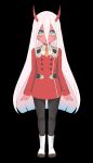  1girl absurdres alternate_costume aqua_eyes black_background black_legwear boots commentary_request darling_in_the_franxx erjian flat_chest hair_between_eyes highres long_hair oni_horns open_mouth orange_neckwear pantyhose red_horns red_skin silver_hair simple_background solo standing uniform very_long_hair younger zero_two_(darling_in_the_franxx) 