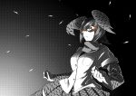  1girl animal_ears bangs blouse campo_flicker_(kemono_friends) closed_mouth commentary feathers frown glasses greyscale halftone head_wings kaya_(nari1-24) kemono_friends long_sleeves looking_to_the_side medium_skirt monochrome pince-nez pleated_skirt red_eyes scarf short_hair short_over_long_sleeves skirt solo spot_color standing upper_body wide_sleeves 