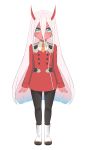  1girl absurdres alternate_costume aqua_eyes black_legwear boots commentary_request darling_in_the_franxx erjian flat_chest hair_between_eyes highres long_hair oni_horns open_mouth orange_neckwear pantyhose red_horns red_skin silver_hair simple_background solo standing uniform very_long_hair white_background younger zero_two_(darling_in_the_franxx) 