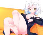 1girl bangs bare_legs barefoot beni_shake black_dress black_jacket breasts cleavage closed_mouth collarbone commentary_request couch dress eyebrows_visible_through_hair fate/apocrypha fate/grand_order fate_(series) fur-trimmed_jacket fur_trim hair_between_eyes jacket jeanne_d&#039;arc_(alter)_(fate) jeanne_d&#039;arc_(fate)_(all) long_sleeves looking_at_viewer medium_breasts on_couch silver_hair simple_background sleeveless sleeveless_dress soles solo v-shaped_eyebrows white_background wicked_dragon_witch_ver._shinjuku_1999 yellow_eyes 