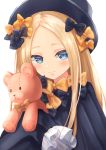  1girl abigail_williams_(fate/grand_order) bangs black_bow black_dress black_hat blonde_hair blue_eyes blush bow closed_mouth commentary_request dress fate/grand_order fate_(series) forehead hair_bow hat ko_31 long_hair long_sleeves looking_at_viewer object_hug orange_bow parted_bangs simple_background sleeves_past_fingers sleeves_past_wrists solo stuffed_animal stuffed_toy teddy_bear very_long_hair white_background 