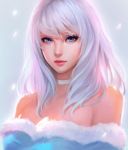  1girl bare_shoulders blue_eyes choker closed_mouth commission dress fur_trim glowing highres lips long_hair looking_at_viewer nguyen_uy_vu original portrait simple_background solo strapless strapless_dress white_hair 