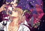  1boy 1girl black_hair blonde_hair blush bob_cut bug butterfly cover cover_page doujin_cover fate/grand_order fate_(series) gradient_hair insect ishida_kaname japanese_clothes kimono multicolored_hair oni_horns popped_collar purple_background purple_hair purple_kimono sakata_kintoki_(fate/grand_order) shirt shuten_douji_(fate/grand_order) sunglasses upside-down white_shirt 