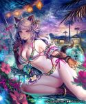  1girl animal_ears blush breasts brown_eyes brown_hair cleavage company_name copyright_name cup drinking_glass eyebrows_visible_through_hair flower holding holding_drinking_glass large_breasts long_hair looking_at_viewer lying official_art on_side parted_lips shingeki_no_bahamut solo swimsuit tail wine_glass 