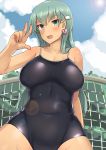  1girl absurdres aqua_eyes aqua_hair blue_swimsuit blush breasts cleavage clouds collarbone covered_navel day earrings hair_ornament hairclip heart_lock_(kantai_collection) highres jewelry kantai_collection large_breasts leaning_back lens_flare long_hair looking_at_viewer lying one-piece_swimsuit open_mouth outdoors revision sky solo soushou_nin suzuya_(kantai_collection) swimsuit thighs tree under_boob v wet 