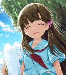  1girl ^_^ akisaka_yamoka bangs blue_shirt blue_sky breasts brown_hair closed_eyes clouds commentary_request day eyebrows_visible_through_hair facing_viewer fan hair_blowing hair_ornament head_tilt idolmaster idolmaster_cinderella_girls kobayakawa_sae long_hair neckerchief open_mouth outdoors paper_fan red_neckwear sailor_collar shirt short_sleeves sitting sky small_breasts solo sparkle tree uchiwa very_long_hair wind 