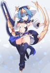  1girl armpits bangs black_footwear black_legwear blue_eyes blue_hair blush boots breasts closed_mouth commentary_request eyebrows_visible_through_hair fingernails gradient gradient_background grey_background hair_between_eyes hat head_tilt hellmatio highres holding holding_sword holding_weapon karukan_(monjya) long_sleeves looking_at_viewer navel pauldrons pointy_ears puffy_long_sleeves puffy_sleeves shinrabanshou sidelocks skirt small_breasts solo sword thigh-highs thigh_boots v-shaped_eyebrows weapon white_hat white_skirt 
