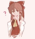  1girl ? brown_hair hakurei_reimu hand_on_hip hand_on_own_chin looking_at_viewer ovo red_pupils simple_background sketch solo touhou upper_body 