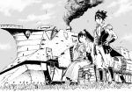  1boy 1girl absurdres black_hair boots bracer character_request crate cross-laced_footwear day flower grass greyscale ground_vehicle hair_flower hair_ornament hand_in_hair hand_on_hip highres koutetsujou_no_kabaneri ladder monochrome outdoors ponytail sitting smoke spiky_hair standing train turret ume_(yume_uta_da) wide_sleeves 