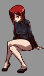  1girl big-d breasts dress flats full_body grey_background hair_over_one_eye highres large_breasts legs_crossed long_hair looking_back parasoul_(skullgirls) red_eyes redhead sitting skullgirls solo sweater sweater_dress 