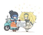  2girls :d bangs beanie blonde_hair blue_eyes blue_hair blush casual chibi closed_mouth commentary_request crossover gambier_bay_(kantai_collection) gloves ground_vehicle hair_between_eyes hairband hat kantai_collection long_hair long_sleeves makishima_azusa map messy_hair motor_vehicle motorcycle multiple_girls open_mouth red_eyes scarf shima_rin simple_background smile tears twintails violet_eyes white_background yurucamp 