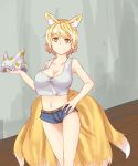  animal_ears blonde_hair breasts cleavage fox_ears fox_tail hand_on_hip hat hat_removed headwear_removed highres kanaria_(bocmn) large_breasts no_hat no_headwear shorts sketch smile tail touhou yakumo_ran 