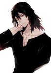  1boy aizawa_shouta bags_under_eyes black_hair boku_no_hero_academia facial_hair hand_behind_head henley_shirt long_hair looking_at_viewer male_focus mescaline messy_hair scar simple_background solo stubble v-neck white_background 