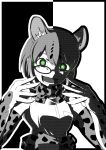  1girl animal_ears bangs bow bowtie cat_ears commentary crazy_eyes crazy_smile elbow_gloves glasses gloves green_eyes greyscale halftone high-waist_skirt highres kaya_(nari1-24) kemono_friends looking_at_viewer margay_(kemono_friends) margay_print monochrome open_mouth print_gloves print_neckwear shirt short_hair skirt sleeveless sleeveless_shirt solo spot_color standing upper_body 