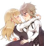  2girls :d ange_(princess_principal) arms_around_neck bangs black_dress black_ribbon blonde_hair bloom blouse blue_eyes blunt_bangs closed_eyes couple dress eyebrows_visible_through_hair glomp grey_hair hair_between_eyes happy highres hug leaning_back leaning_forward long_hair long_sleeves looking_at_another multiple_girls neck_ribbon open_mouth princess_(princess_principal) princess_principal profile ribbon school_uniform shiny shiny_hair short_hair sidelocks sideways_mouth simple_background sleeveless sleeveless_dress smile sorimachi-doufu standing tsurime upper_body very_long_hair white_background white_blouse yuri 