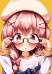  1girl :o adjusting_eyewear arms_up beret blush bow comic_girls commentary_request fingernails glasses hair_bow hair_ornament hairclip hat long_hair long_sleeves looking_at_viewer mochiyuki moeta_kaoruko nail_polish overalls parted_lips pink_bow pink_hair pink_nails red-framed_eyewear red_eyes shirt simple_background solo white_hat white_shirt x_hair_ornament yellow_background 