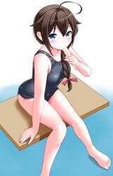  1girl blue_eyes braid breasts brown_hair food hair_over_shoulder highres kantai_collection kaze_makase long_hair one-piece_swimsuit popsicle school_swimsuit shigure_(kantai_collection) sitting small_breasts solo swimsuit 