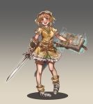  1girl :d anoushka_russel belt book bracer brown_eyes brown_hair brown_shorts frilled_skirt frills gauntlets gradient gradient_background grand_codex_project grey_background hair_ribbon highres holding holding_sword holding_weapon light_brown_hair looking_at_viewer nowell_codex open_book open_mouth ribbon sheath short_hair short_sleeves shorts simple_background skirt smile solo sword thick_eyebrows weapon wristband yellow_skirt 