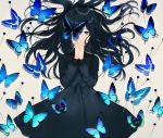 1girl achiki black_dress black_hair blue_butterfly blue_eyes bow bug butterfly covering_mouth covering_one_eye dress hands_clasped insect interlocked_fingers long_hair looking_at_another looking_at_viewer lying on_back original own_hands_together pin solo 