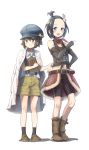  2girls :d bare_shoulders belt bike_shorts black_hair black_legwear blue_eyes blue_hat blush book boots brown_footwear brown_hair closed_mouth clothes_tug clothes_writing collared_shirt commentary_request elbow_gloves fingerless_gloves gloves green_eyes hair_ornament hand_on_hip hat highres holding holding_book jacket_on_shoulders kamemaru looking_at_viewer multiple_girls open_clothes open_mouth open_skirt original pointing red_skirt shirt shoes short_hair shorts skirt sleeveless sleeveless_shirt smile socks standing suspender_shorts suspenders topknot white_background white_shirt wing_collar 