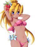  1girl arm_behind_head armpits arms_behind_head bangs bikini blonde_hair blue_eyes blue_flower blush breasts ciel_(rockman) cowboy_shot eyebrows_visible_through_hair flower hair_between_eyes hair_flower hair_ornament hand_behind_head high_ponytail long_hair looking_at_viewer medium_breasts midriff navel ponytail red_flower rockman rockman_xover rockman_zero semikichi sideboob simple_background smile solo swimsuit tan white_background 