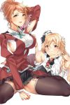  2girls :&gt; absurdres anchor aquila_(kantai_collection) arm_behind_head arm_between_legs armpit_cutout asakawa_(outeq) ascot bare_shoulders barefoot black_legwear black_ribbon black_skirt blonde_hair braid breasts brown_eyes chin_rest collarbone collared_shirt garter_straps green_ribbon hair_between_eyes hair_ornament hairclip hat high_ponytail highres jacket juliet_sleeves kantai_collection large_breasts long_hair long_sleeves looking_at_viewer lying military military_uniform mini_hat miniskirt multiple_girls on_stomach open_mouth orange_hair puffy_sleeves red_jacket ribbon shirt simple_background sitting skirt smile teeth thigh-highs uniform wariza wavy_hair white_background white_shirt yellow_eyes zara_(kantai_collection) 