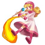  1girl blonde_hair blush breasts commentary_request curly_hair dragon_quest dragon_quest_ii dress hat hood hood_up long_hair princess princess_of_moonbrook solo sora-mame staff weapon white_dress white_robe 